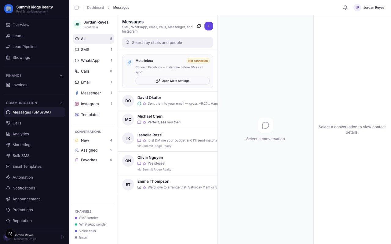 Unified inbox (SMS · WhatsApp · Email · Messenger · Instagram)